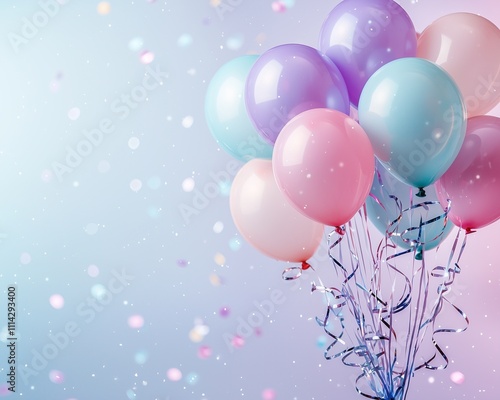 Festive banner with simple pastel balloons and streamers, softly lit against a gentle gradient background