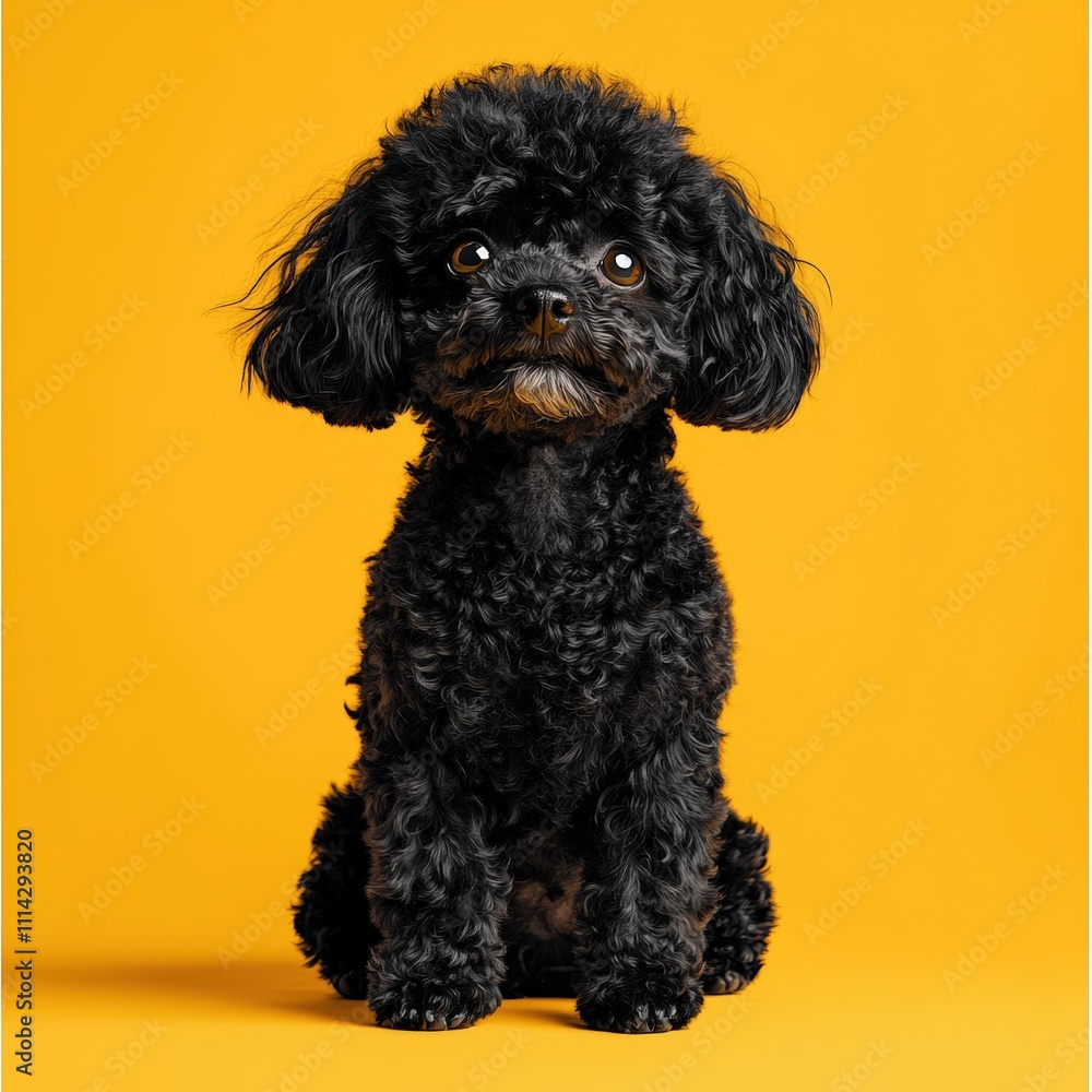 Cute black poodle sitting against yellow backdrop Cute black poodle sitting against yellow backdrop