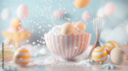 Whimsical shrove tuesday scene with pastel baking ingredients and decorations photo