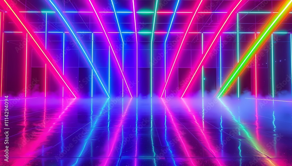 Vibrant colorful neon lights reflecting on a glossy floor. Vibrant colorful neon lights reflecting on a glossy floor.