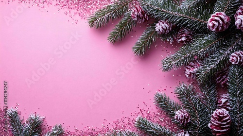 Christmas background with fir tree branches and red baubles on pink background photo