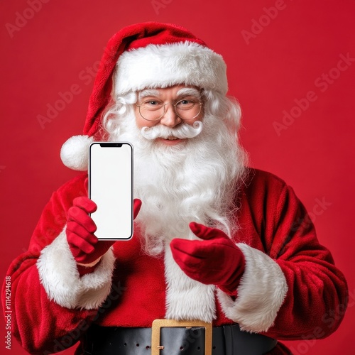 Santa Claus Showing Blank Smartphone Screen for Christmas Advertisement or App Promotion photo