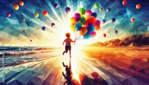 person running on the beach at sunset with ballons content created with generative AI software.