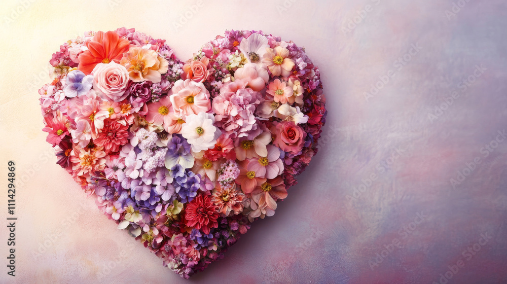 Heart-shaped arrangement of vibrant flowers in shades of pink, red, purple, and orange on a pastel background, showcasing romance and creativity
Heart-shaped arrangement of vibrant flowers in shades of pink, red, purple, and orange on a pastel background, showcasing romance and creativity
