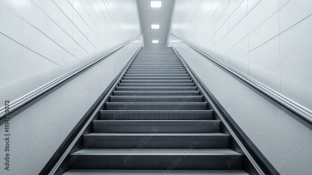 Empty escalator in a modern subway station with bright white walls and lights, symbolizing success and growth with geometric lines and upward perspective Empty escalator in a modern subway station with bright white walls and lights, symbolizing success and growth with geometric lines and upward perspective