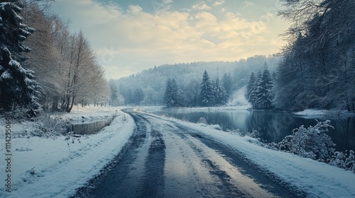 A serene winter road lined with snow-covered trees, creating a peaceful and picturesque landscape for nature lovers.