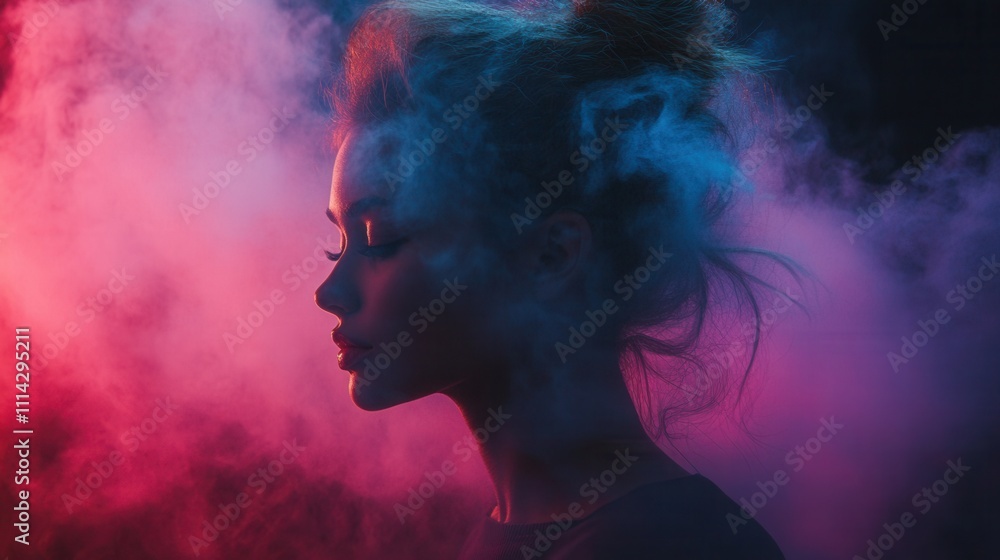 Portrait of a woman in mist with neon lighting, AI-generated Portrait of a woman in mist with neon lighting, AI-generated