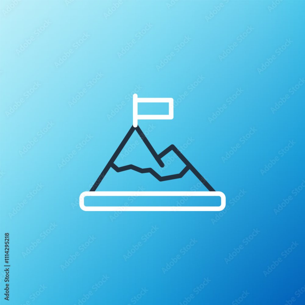 Line Mountains with flag on top icon isolated on blue background. Symbol of victory or success concept. Goal achievement. Colorful outline concept. Vector Line Mountains with flag on top icon isolated on blue background. Symbol of victory or success concept. Goal achievement. Colorful outline concept. Vector