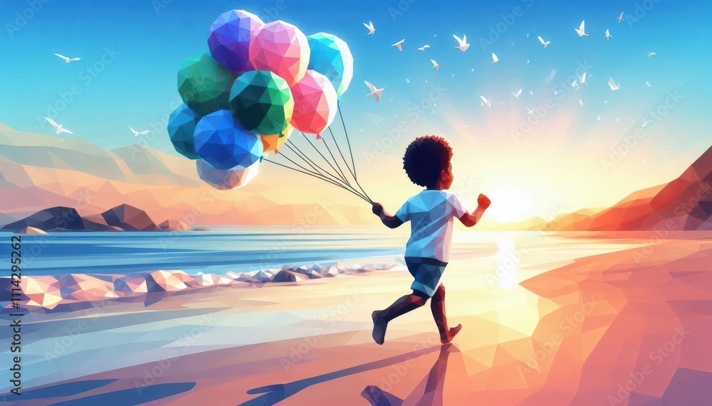 person running on the beach at sunset with ballons content created with generative AI software.