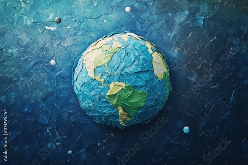 Artistic Representation of Earth Created with Colored Paper, Featuring a Textured Background with Dark Blue Color and Surrounding Celestial Bodies Including Planets photo