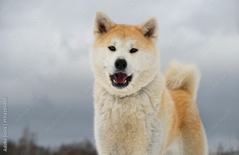 portrait of Akita inu dog close up, natural abstract background. beautiful cute red Japanese dog outdoor. concept of happy and active healthy pet life, care, protection for animals portrait of Akita inu dog close up, natural abstract background. beautiful cute red Japanese dog outdoor. concept of happy and active healthy pet life, care, protection for animals