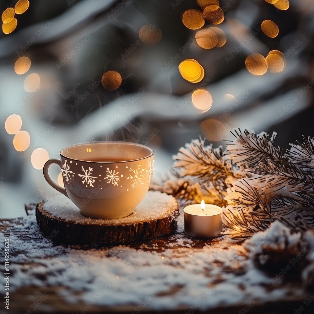 Fototapeta premium Warm cup amid winter elegance and soft lights