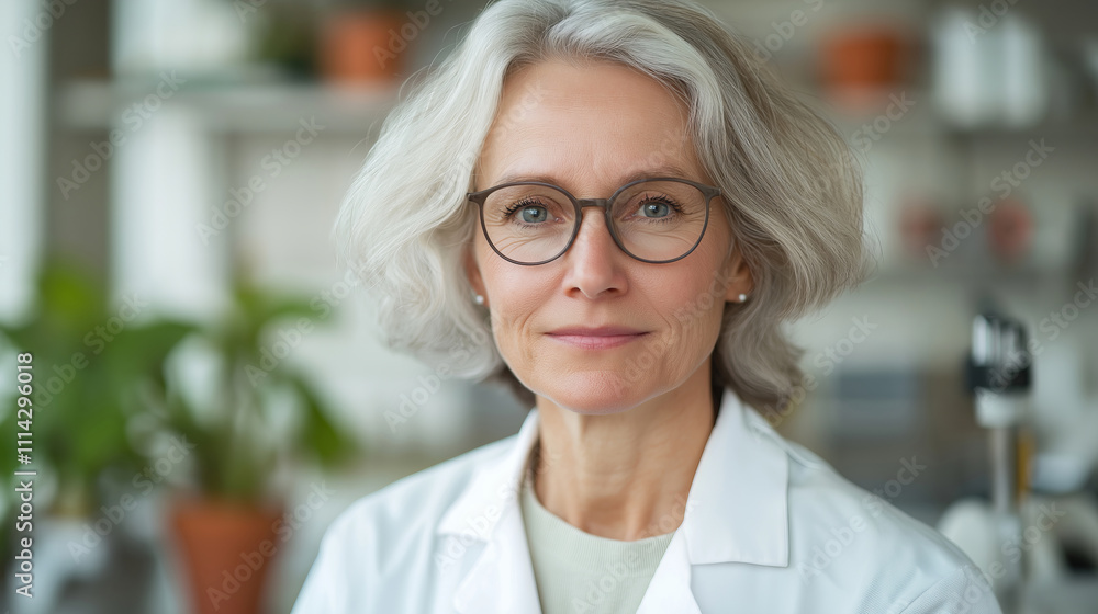 Confident senior female doctor wearing glasses and lab coat, posing in medical office, healthcare and professionalism concept Confident senior female doctor wearing glasses and lab coat, posing in medical office, healthcare and professionalism concept