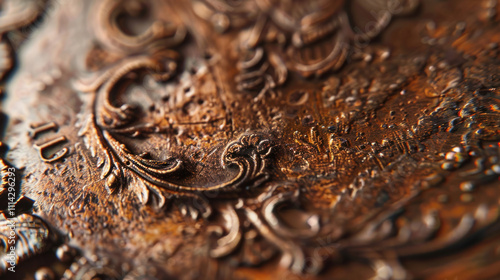 Detailed close-up of a rusty vintage coin, showcasing intricate engravings and texture