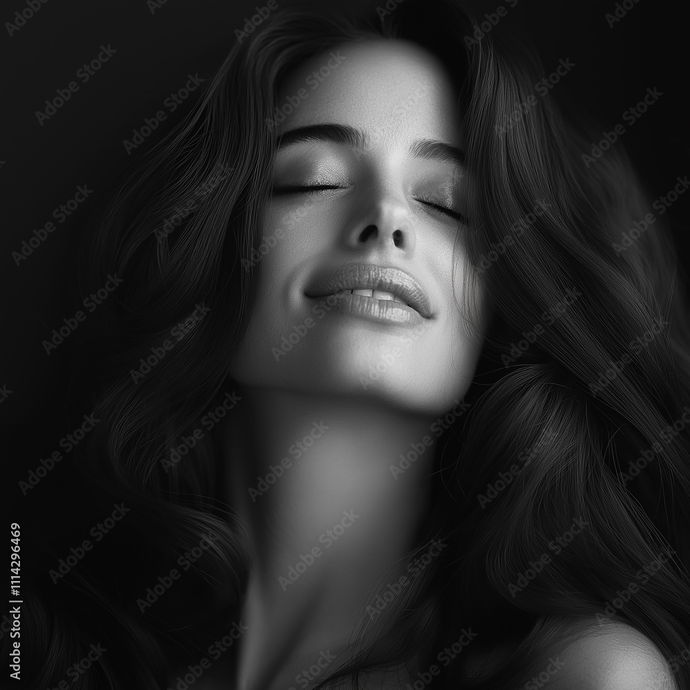 A black-and-white portrait of a beautiful woman with long hair, closed eyes, and a smile. A black-and-white portrait of a beautiful woman with long hair, closed eyes, and a smile.