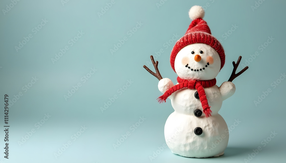 Charming snowman figurine set against a soft blue backdrop Charming snowman figurine set against a soft blue backdrop