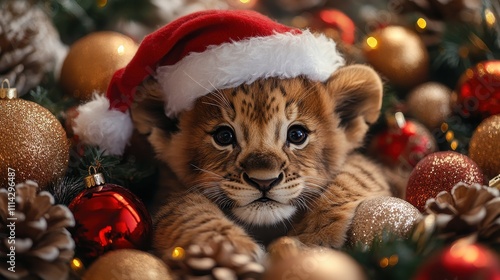A cute lion cub wearing a Santa hat surrounded by festive decorations and ornaments.