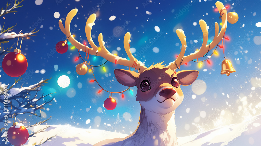 Cheerful Christmas reindeer banner, reindeer with antlers decorated with colorful little lights and golden bells, Ai generated images Cheerful Christmas reindeer banner, reindeer with antlers decorated with colorful little lights and golden bells, Ai generated images