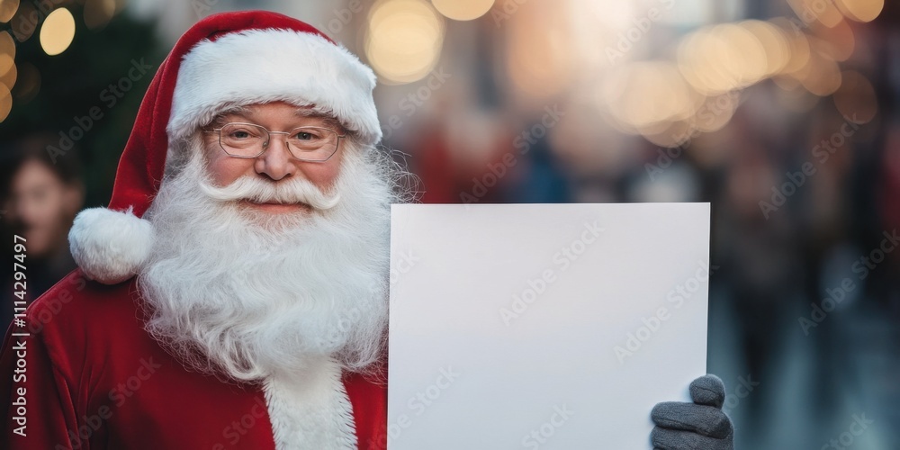Santa Claus Holding a Blank Sign in a Festive City Setting during Christmas Season Santa Claus Holding a Blank Sign in a Festive City Setting during Christmas Season
