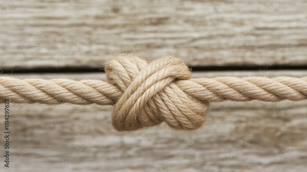 Close-up of a strong knot connecting two lengths of natural fiber rope against a rustic wooden backdrop Close-up of a strong knot connecting two lengths of natural fiber rope against a rustic wooden backdrop