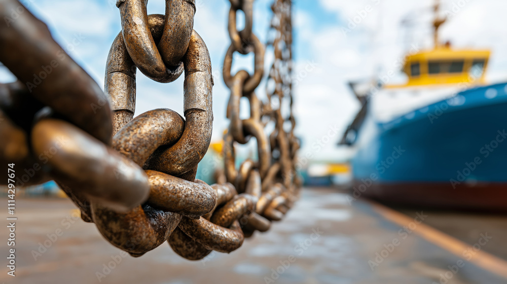 Close-up of a heavy rusty chain hanging with a blurred ship in the background, emphasizing maritime industry and strength Close-up of a heavy rusty chain hanging with a blurred ship in the background, emphasizing maritime industry and strength
