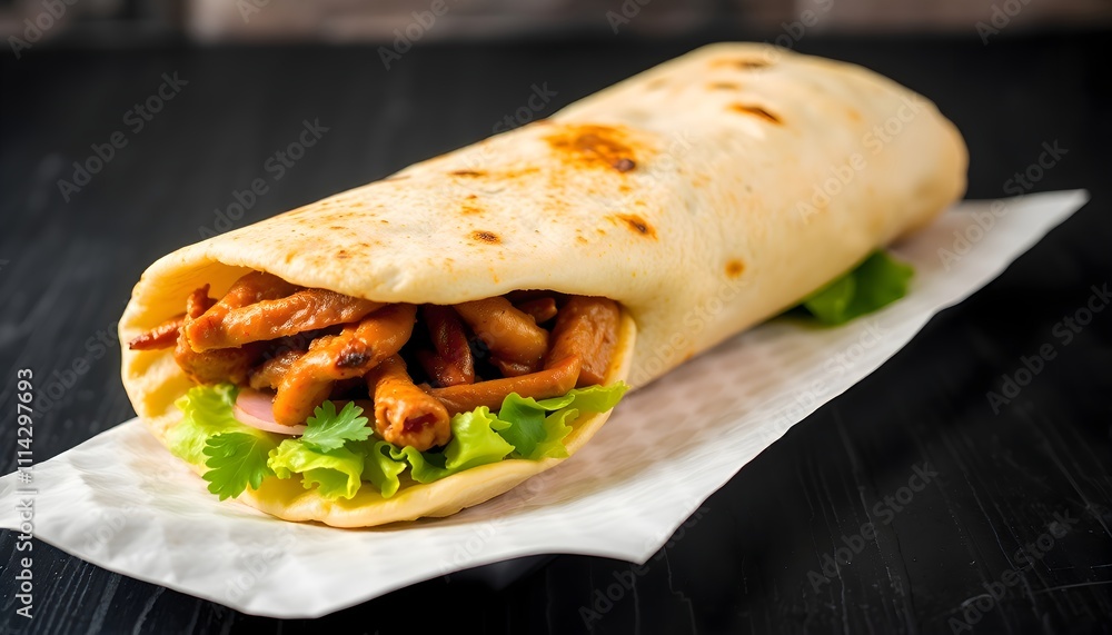 Delicious Chicken Shawarma Wrap With Fresh Vegetables On Dark Background Delicious Chicken Shawarma Wrap With Fresh Vegetables On Dark Background