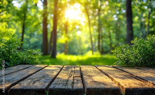 Empty table for display montages in the forest with bokeh background photo