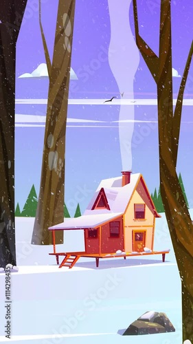 A cozy cabin in a snowy, wintery landscape with smoke rising from the chimney, surrounded by trees, mountains, and frosty scenery, creating a serene, rural atmosphere with a calm, peaceful vibe under 