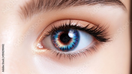 Close-up shot of a mesmerizing blue eye, featuring intricate details of the iris and eyelashes. The image displays beauty, health, and the captivating nature of the human eye.