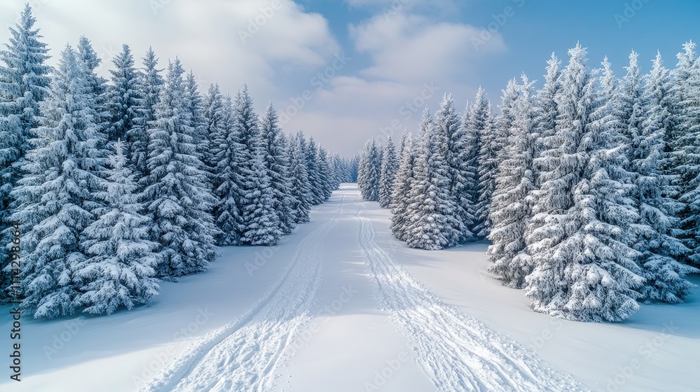 Serene Winter Landscape with Snow-Covered Trees and Tracks in a Beautiful Snowy Forest Under a Clear Blue Sky Serene Winter Landscape with Snow-Covered Trees and Tracks in a Beautiful Snowy Forest Under a Clear Blue Sky