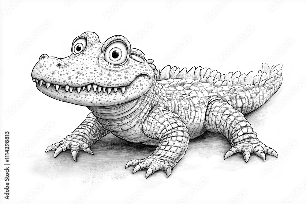 Obraz premium cartoon style black and white coloring book page, white background, funny Crocodile