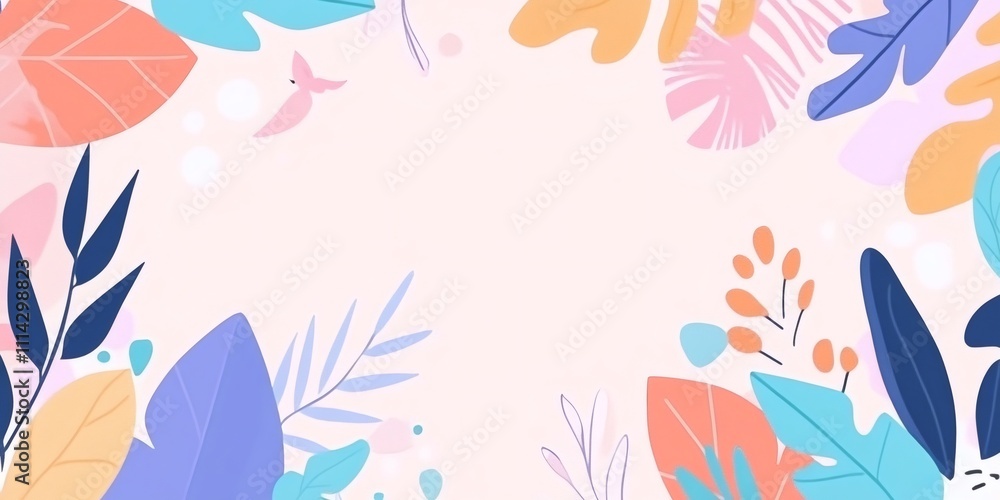 Soft pink background with vibrant pastel colored tropical leaves creates a beautiful frame, ideal for nature themed designs Soft pink background with vibrant pastel colored tropical leaves creates a beautiful frame, ideal for nature themed designs