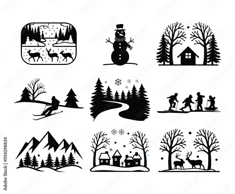 Fototapeta premium Deer and Trees Winter Forest Landscape Silhouettes