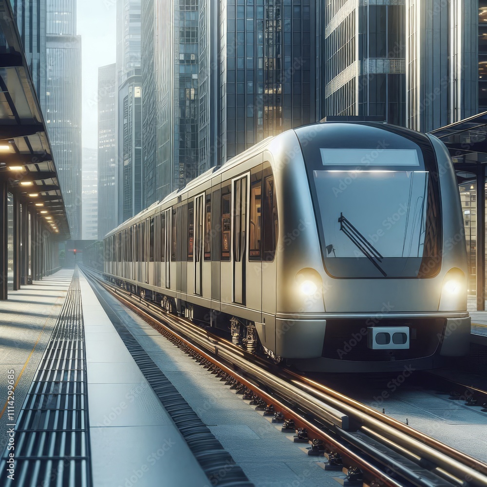 Naklejka premium close-up, city train with tinted windows, moving along a modern city street, photorealistic style