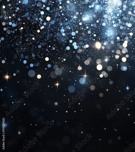 Black background with white glowing glitter, blue and silver color scheme, depth of field, blurred background, bokeh effect, digital art style.