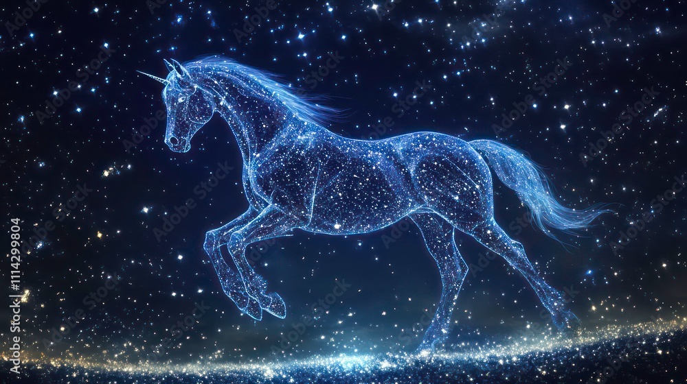 A majestic unicorn, rendered in sparkling starlight, gracefully runs across a cosmic landscape. A majestic unicorn, rendered in sparkling starlight, gracefully runs across a cosmic landscape.