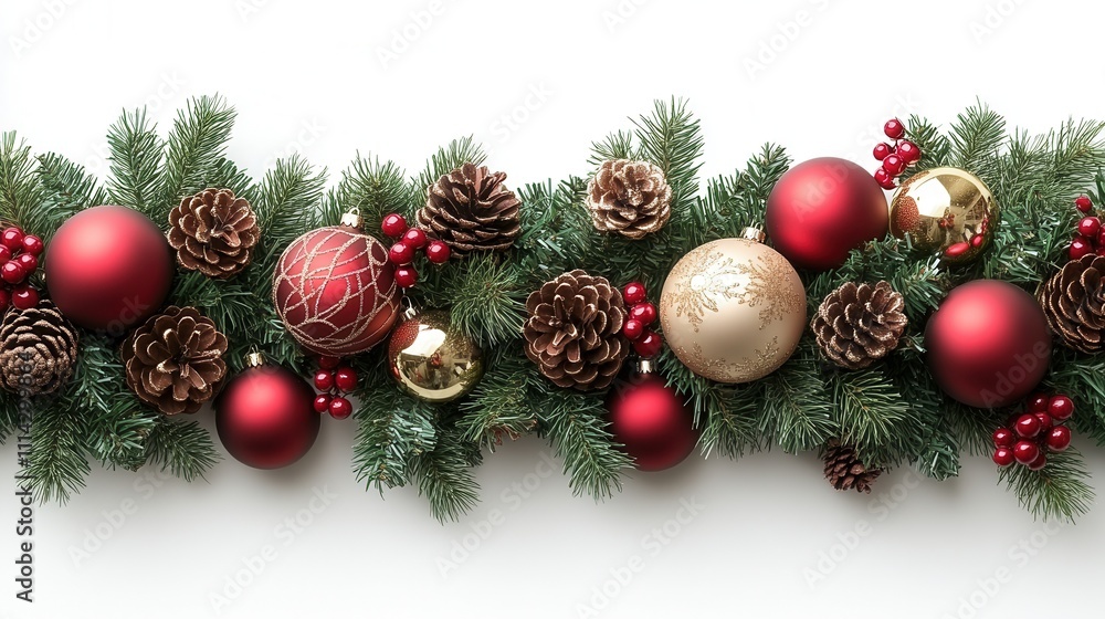 Festive Christmas Ornaments and Pine Cones on Holiday Greenery Festive Christmas Ornaments and Pine Cones on Holiday Greenery