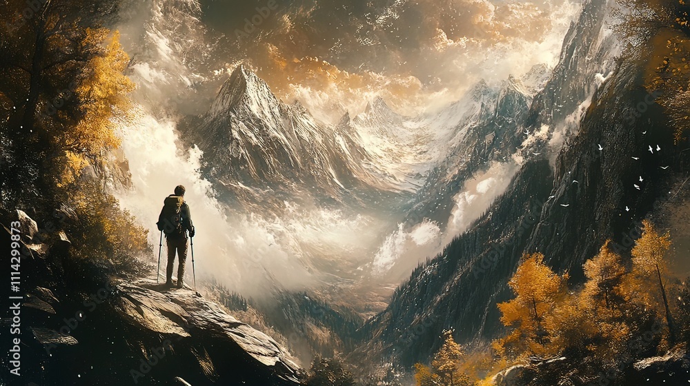 A lone hiker stands on a rocky outcrop, gazing at a breathtaking valley shrouded in mist and snow-capped mountains under a dramatic sky. A lone hiker stands on a rocky outcrop, gazing at a breathtaking valley shrouded in mist and snow-capped mountains under a dramatic sky.