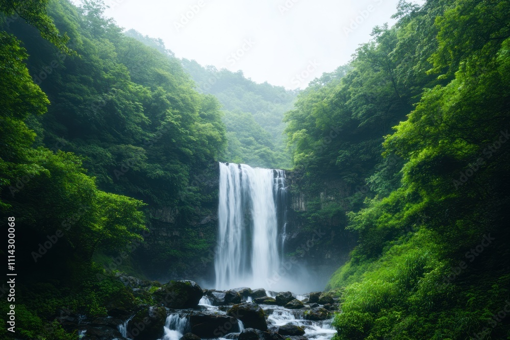 Serene Waterfall Cascading Through Lush Green Mountains Serene Waterfall Cascading Through Lush Green Mountains