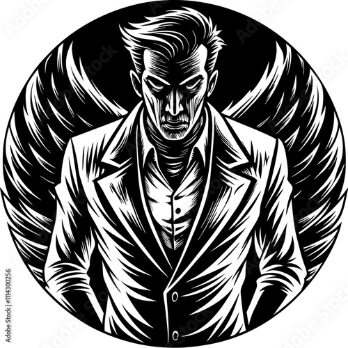 Dramatic black and white illustration of a serious man with intense expression, wearing a collared shirt in retro comics style