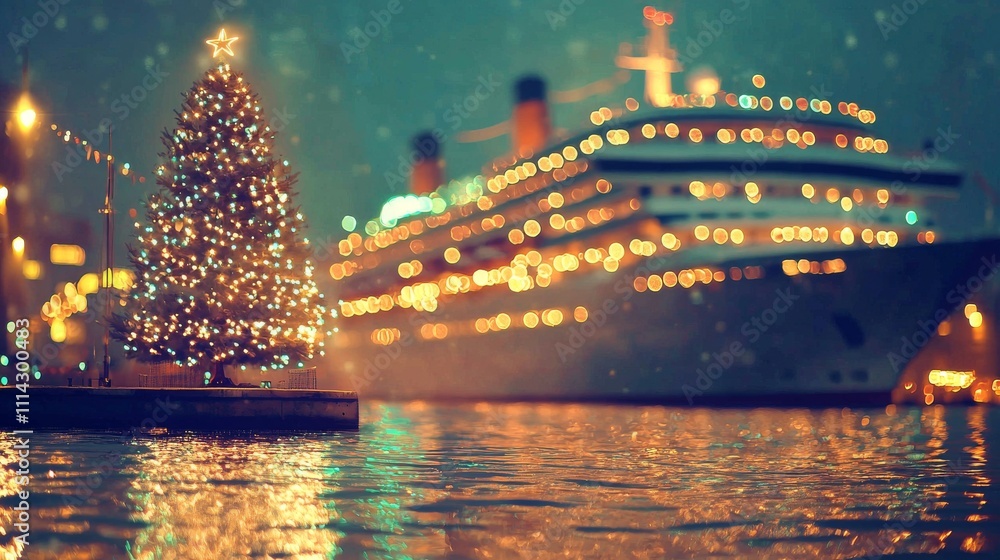 Obraz premium The grand cruise ship glows at sunset, merging travel and holiday cheer with its festive decorations.