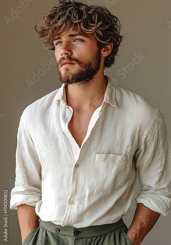 Handsome young man with long curly hair and beard in white shirt photo