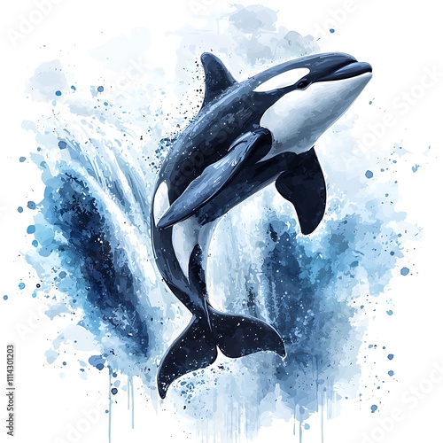 Majestic Orca Whale Leaping Through Ocean Waves in a Watercolor Style. photo