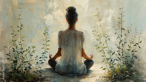A peaceful pastel drawing of a woman in a meditative pose, surrounded by soft greenery. The colors are muted and calming, reflecting tranquility and inner peace