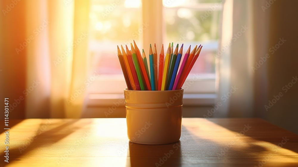 Colorful Pencils in a Cup on Table Near Window With Soft Light Colorful Pencils in a Cup on Table Near Window With Soft Light