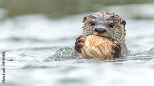 Otter Swimming with Shell in Natural Light