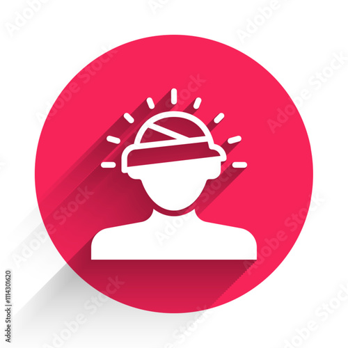 White Concussion, headache, dizziness, migraine icon isolated with long shadow background. Red circle button. Vector