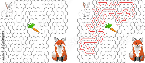 Help a rabbit pass through square maze with hexagonal cell to find carrot and avoid the fox. Feed the hungry rabbit labyrinth. Not hard riddle for kids and parents with solution