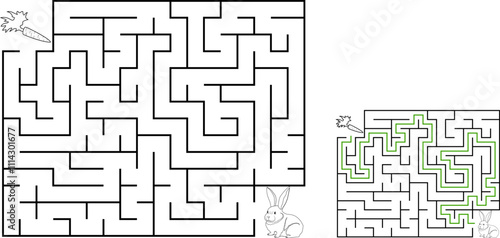 Help bunny pass through maze to find carrot. Feed the hungry pet labyrinth. Not hard riddle for kids and parents with solution