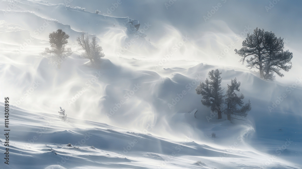 Dramatic snowstorm scene with gusts of wind swirling snow around trees in a snowy landscape Dramatic snowstorm scene with gusts of wind swirling snow around trees in a snowy landscape